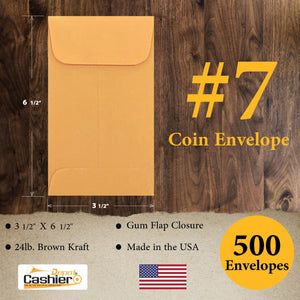 #7 Coin Envelopes, 3-1/2" X 6-1/2", Sturdy 24lb. Brown Kraft, Gum Flap - Cashier Depot