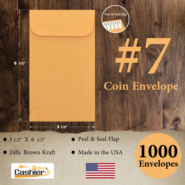 #7 Coin Envelopes, 3 - 1/2" X 6 - 1/2", Sturdy 24lb. Brown Kraft, Peel & Seal Flap - Cashier Depot