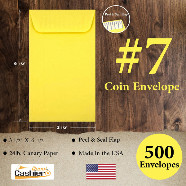 #7 Coin Envelopes, 3 - 1/2" X 6 - 1/2", Sturdy 24lb. Canary/Yellow, Peel & Seal Flap - Cashier Depot