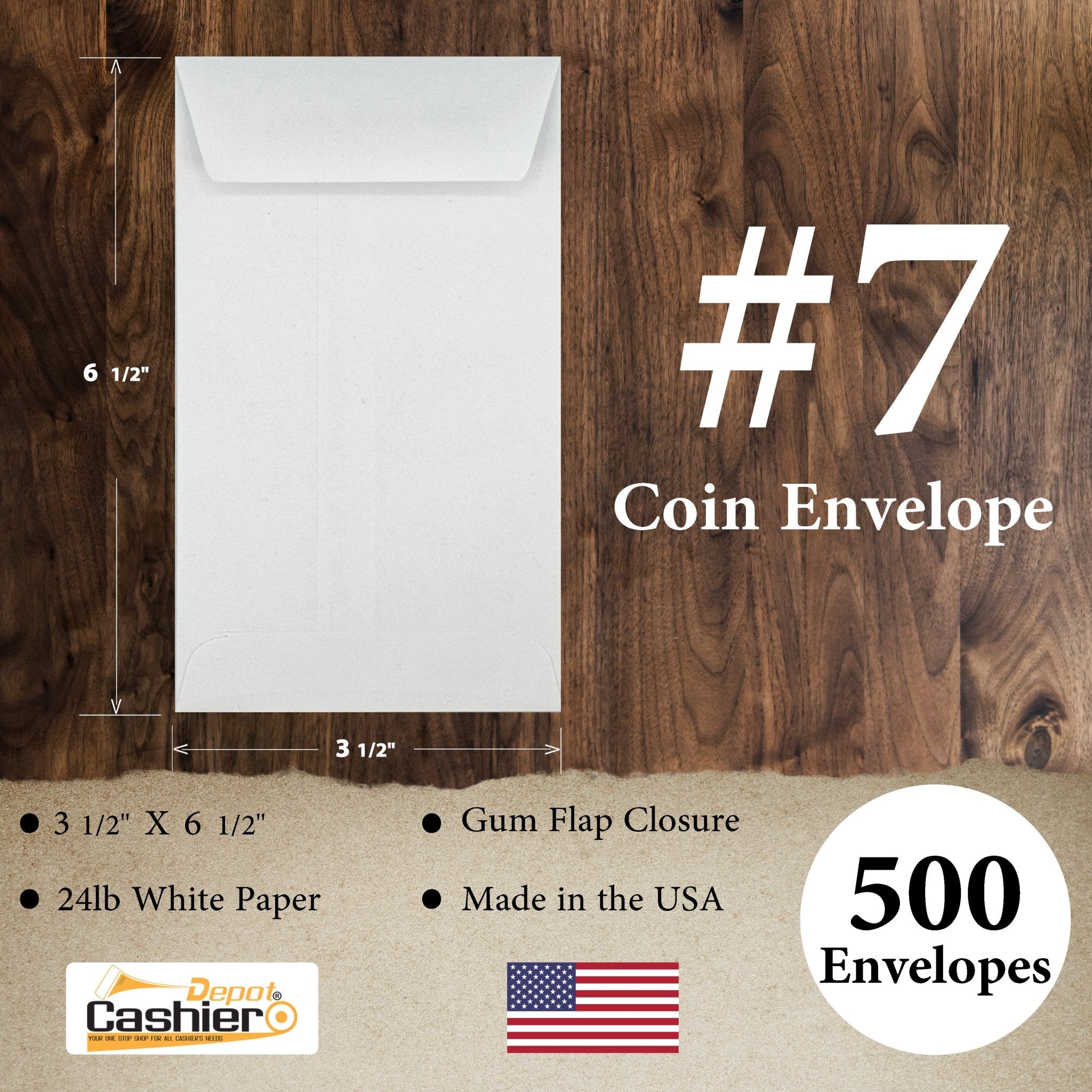 #7 Coin Envelopes, 3-1/2" X 6-1/2", Sturdy 24lb. White, Gum Flap - Cashier Depot