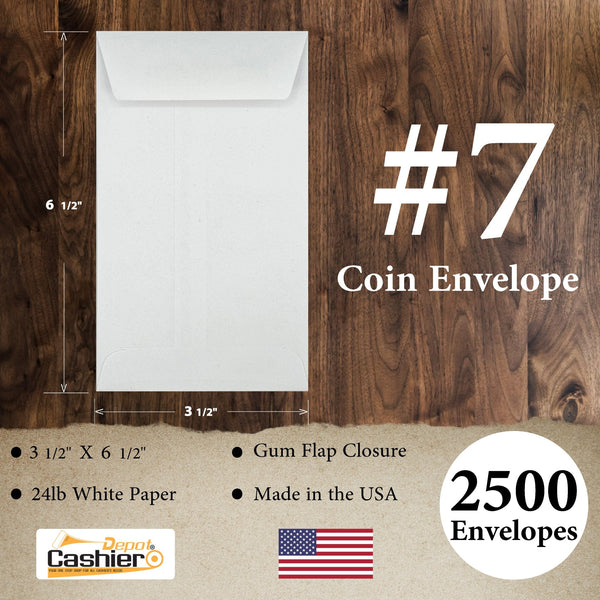 #7 Coin Envelopes, 3-1/2" X 6-1/2", Sturdy 24lb. White, Gum Flap - Cashier Depot