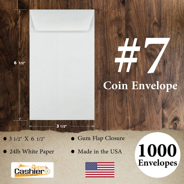 #7 Coin Envelopes, 3-1/2" X 6-1/2", Sturdy 24lb. White, Gum Flap - Cashier Depot