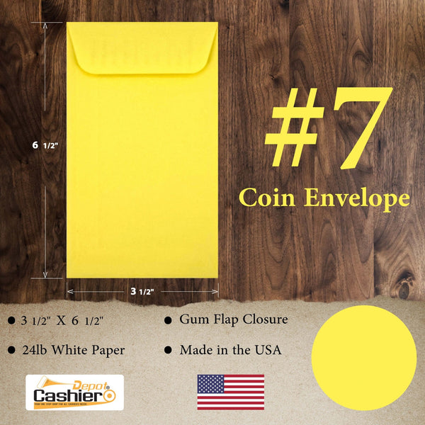 7 Coin Envelopes, 3.5" x 6.5", Sturdy 24 lb. Canary Yellow Paper, Gum Flap Closure, for Cash, Receipts, Seeds & Small Parts (P7CY) - Cashier Depot