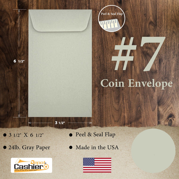7 Coin Envelopes, 3.5" x 6.5", Sturdy 24 lb. Gray Paper, Peel & Seal Closure, for Cash, Receipts, Seeds & Small Parts (PGY7S) - Cashier Depot