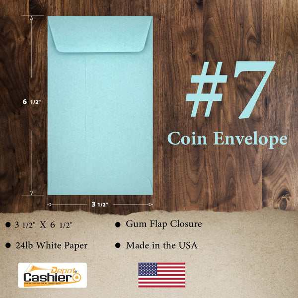 7 Coin Envelopes, 3.5" x 6.5", Sturdy 24 lb. Pastel Blue Paper, Gum Flap (SY7B) - Cashier Depot