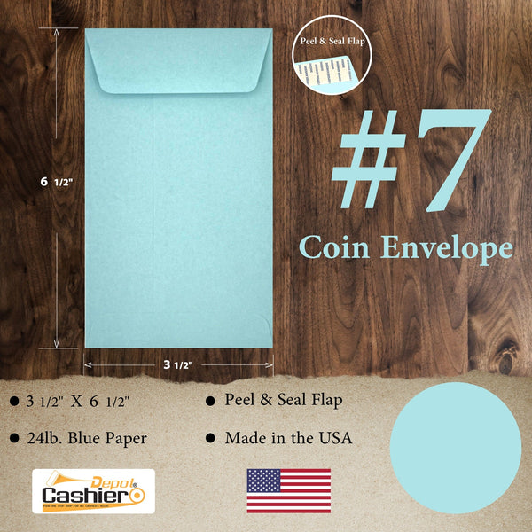 7 Coin Envelopes, 3.5" x 6.5", Sturdy 24 lb. Pastel Blue Paper, Peel & Seal Closure, for Cash, Receipts, Seeds & Small Parts (PBE7S) - Cashier Depot