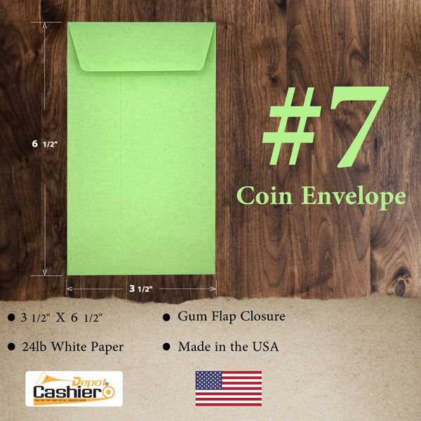 7 Coin Envelopes, 3.5" x 6.5", Sturdy 24 lb. Pastel Green Paper, Gum Flap (SY7G) - Cashier Depot