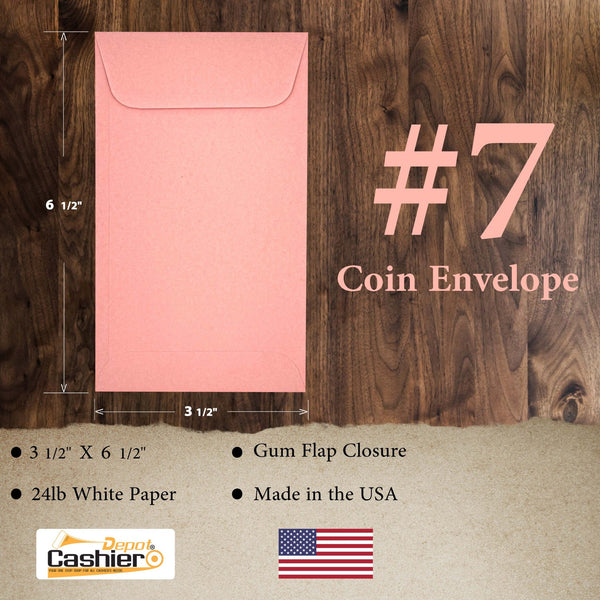 7 Coin Envelopes, 3.5" x 6.5", Sturdy 24 lb. Pastel Pink Paper, Gum Flap (SY7P) - Cashier Depot