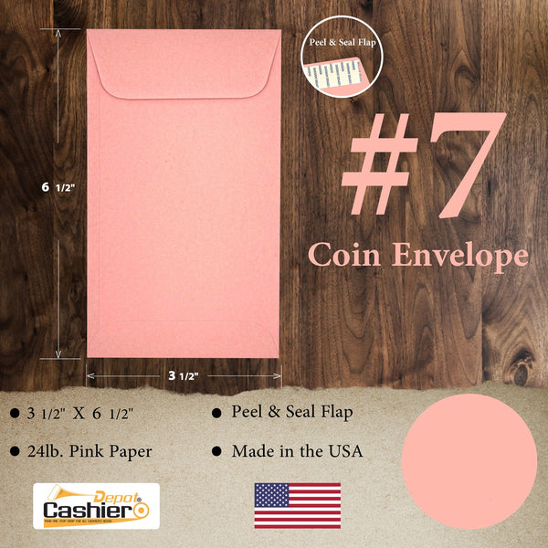 7 Coin Envelopes, 3.5" x 6.5", Sturdy 24 lb. Pastel Pink Paper, Peel & Seal Closure, for Cash, Receipts, Seeds & Small Parts (PPK7S) - Cashier Depot