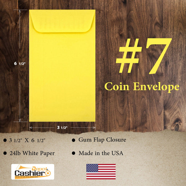 7 Coin Envelopes, 3.5" x 6.5", Sturdy 24 lb. Pastel Yellow Paper, Gum Flap (SY7Y) - Cashier Depot