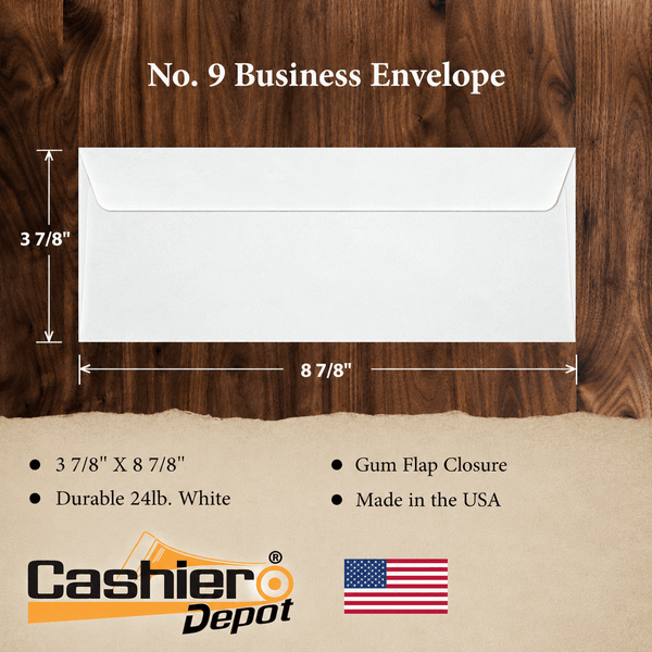 #9 Business Envelopes – 3 7/8" x 8 7/8" – 24lb White Wove – Strong & Durable for Business Mailings (BE9G) - Cashier Depot