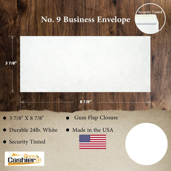9 Business Envelopes – 3 7/8" x 8 7/8" – Security Tinted – 24lb White Wove – Strong & Durable for Business Mailings (GF9NWT) - Cashier Depot