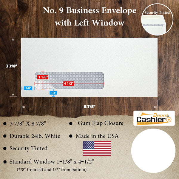 9 Business Envelopes with Left Window – 3 7/8" x 8 7/8" – Security Tinted – 24lb White Wove – Gummed Flap for Invoices & Statements (GF9LWT) - Cashier Depot