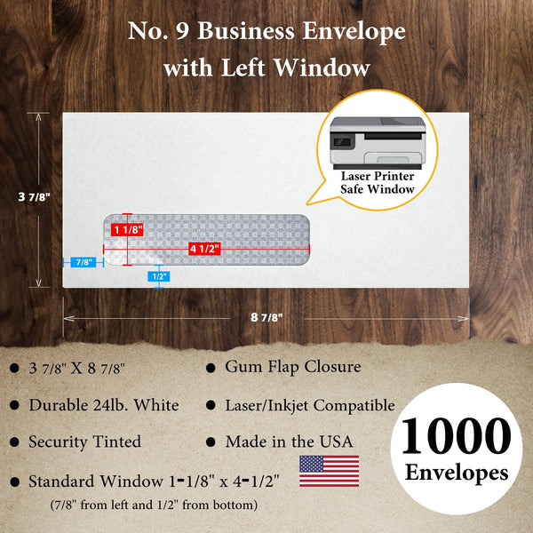 #9 Security Business Envelopes, Laser/Inkjet Compatible Left Window, 3 7/8 x 8 7/8, Gum Flap, Sturdy 24lb. White - Cashier Depot
