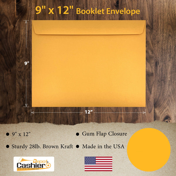 9" x 12" Booklet Envelopes, Heavy 28 lb. Brown Kraft, Strong Gum Flap, Open Side (GF912NK) - Cashier Depot