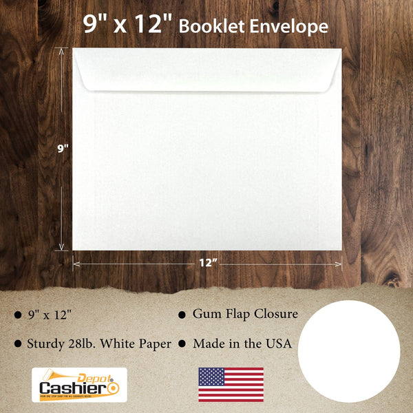 9" x 12" Booklet Envelopes, Heavy 28 lb. White Wove, Strong Gum Flap, Open Side (GF912NW) - Cashier Depot