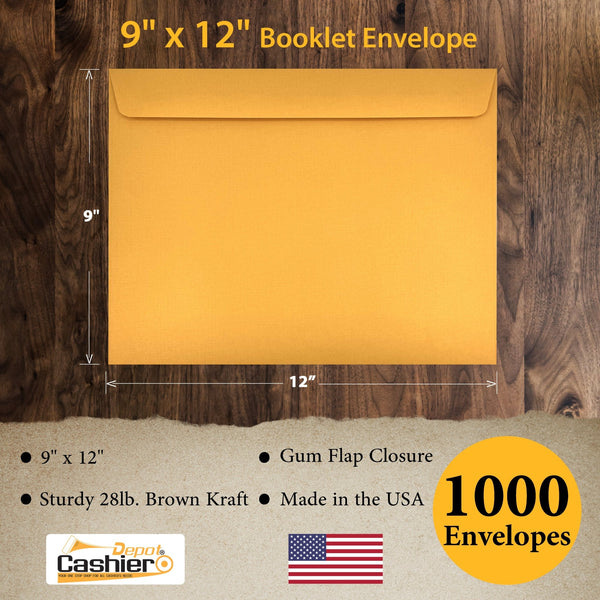 9" x 12" Booklet Envelopes, Sturdy 28lb. Brown Kraft, Gum Flap - Cashier Depot