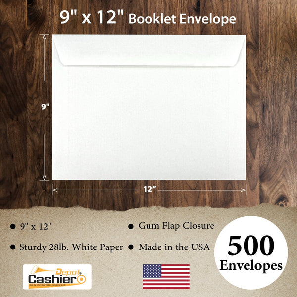 9" x 12" Booklet Envelopes, Sturdy 28lb. White, Gum Flap - Cashier Depot