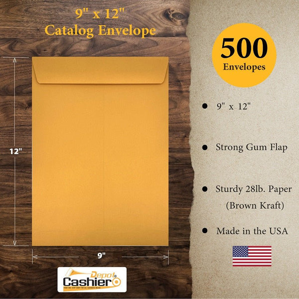 9" x 12" Catalog Envelopes – Open End – Heavy 28lb Kraft – Gum Flap – Professional Mailing & Document Storage (SY9125GK)