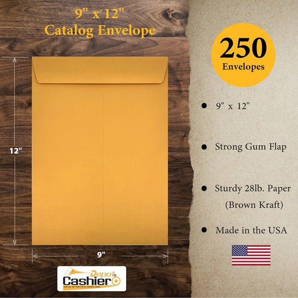 9" x 12" Catalog Envelopes – Open End – Heavy 28lb Kraft – Gum Flap – Professional Mailing & Document Storage (SY9125GK)