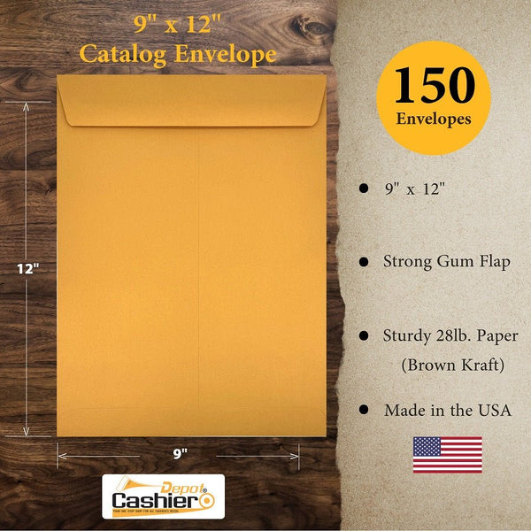9" x 12" Catalog Envelopes – Open End – Heavy 28lb Kraft – Gum Flap – Professional Mailing & Document Storage (SY9125GK)