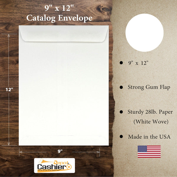 9" x 12" Catalog Envelopes – Open End – Heavy 28lb White Wove – Gum Flap – Professional Mailing & Document Storage (SY912W) - Cashier Depot
