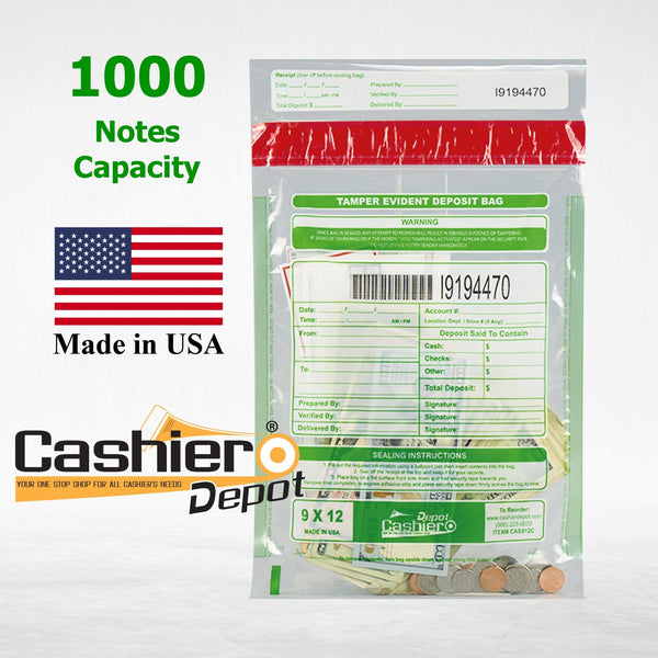 9" x 12" Clear Tamper Evident Bank Deposit Bags, Serialized Numbering & Barcode (CAS912C) - Cashier Depot