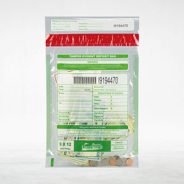 9" x 12" Clear Tamper Evident Bank Deposit Bags, Serialized Numbering & Barcode (CAS912C) - Cashier Depot