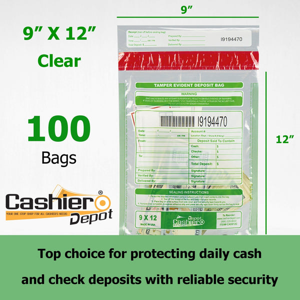 9" x 12" Clear Tamper Evident Bank Deposit Bags, Serialized Numbering & Barcode (CAS912C) - Cashier Depot