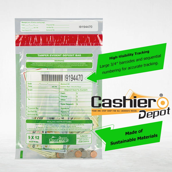 9" x 12" Clear Tamper Evident Bank Deposit Bags, Serialized Numbering & Barcode (CAS912C) - Cashier Depot