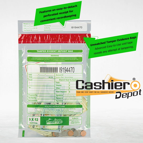 9" x 12" Clear Tamper Evident Bank Deposit Bags, Serialized Numbering & Barcode (CAS912C) - Cashier Depot