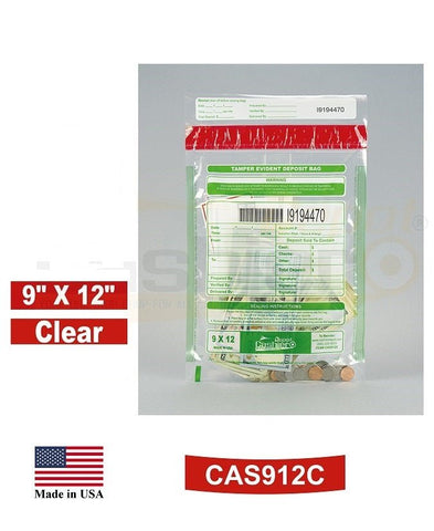 9" x 12" Clear Tamper Evident Deposit Bags – Perforated Tear - Off Receipt, Detailed Printed Form, Serialized Numbering, Barcode, Press & Seal VOID Closure Tape (CAS912C) - Cashier Depot