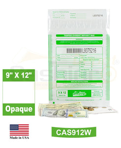 9" x 12" Opaque White Tamper Evident Deposit Bags – Perforated Tear - Off Receipt, Detailed Printed Form, Serialized Numbering, Barcode, Press & Seal VOID Closure Tape (CAS912W) - Cashier Depot