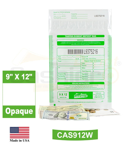 9" x 12" Opaque White Tamper Evident Deposit Bags – Perforated Tear - Off Receipt, Detailed Printed Form, Serialized Numbering, Barcode, Press & Seal VOID Closure Tape (CAS912W) - Cashier Depot