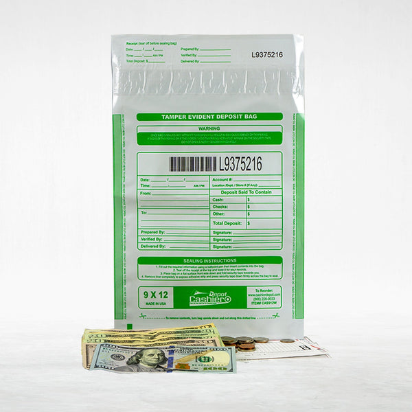 9" x 12" White Tamper Evident Bank Deposit Bags, Serialized Numbering & Barcode (CAS912W) - Cashier Depot