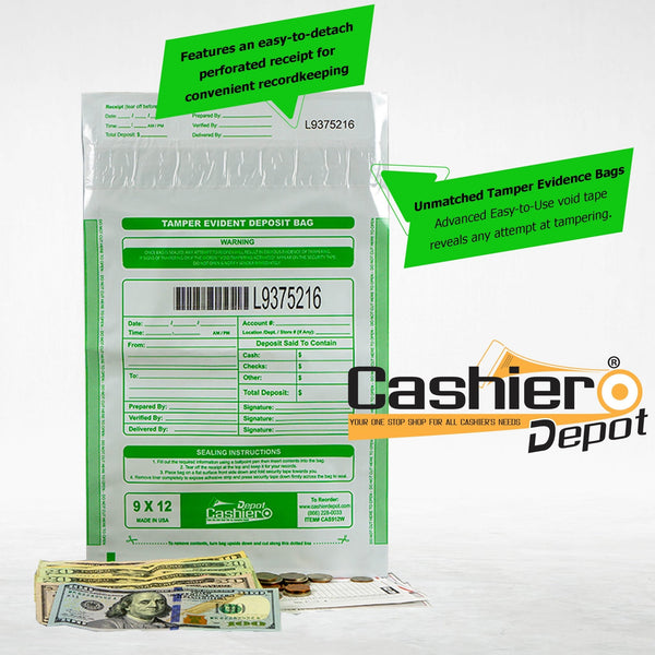 9" x 12" White Tamper Evident Bank Deposit Bags, Serialized Numbering & Barcode (CAS912W) - Cashier Depot