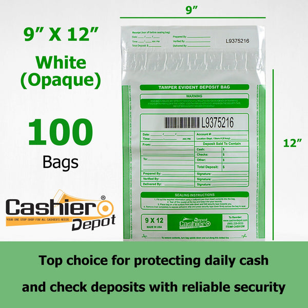9" x 12" White Tamper Evident Bank Deposit Bags, Serialized Numbering & Barcode (CAS912W) - Cashier Depot