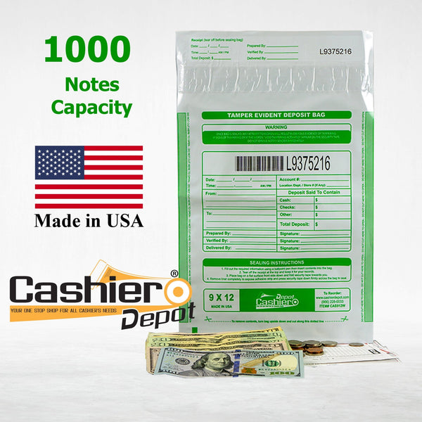 9" x 12" White Tamper Evident Bank Deposit Bags, Serialized Numbering & Barcode (CAS912W) - Cashier Depot