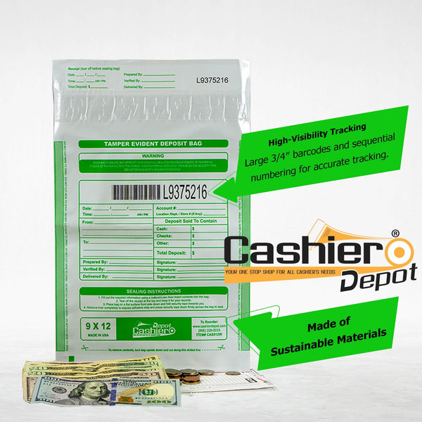 9" x 12" White Tamper Evident Bank Deposit Bags, Serialized Numbering & Barcode (CAS912W) - Cashier Depot