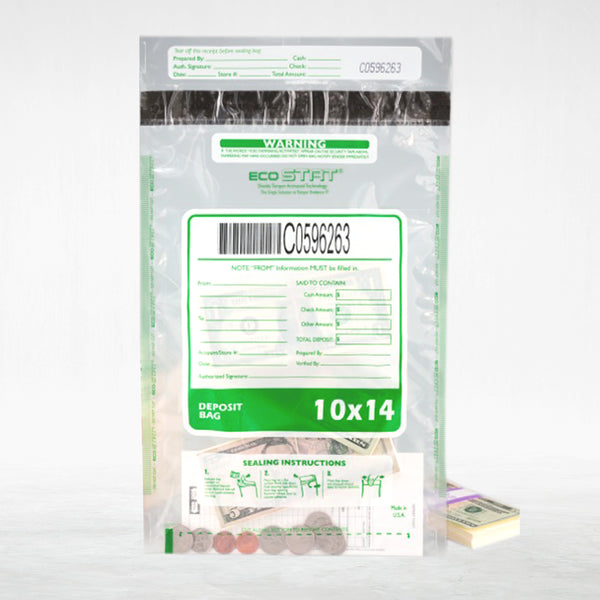 10" x 14" Clear Tamper Evident Bank Deposit Bags, Serialized Numbering & Barcode (CAS1014C)