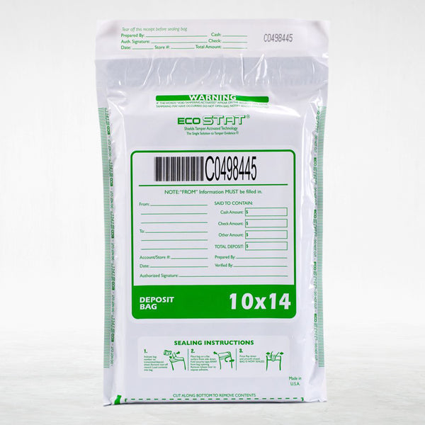 10" x 14" Opaque White Tamper Evident Deposit Bags – Perforated Tear-Off Receipt, Detailed Printed Form, Serialized Numbering, Barcode, Press & Seal VOID Closure Tape (CAS1014W)