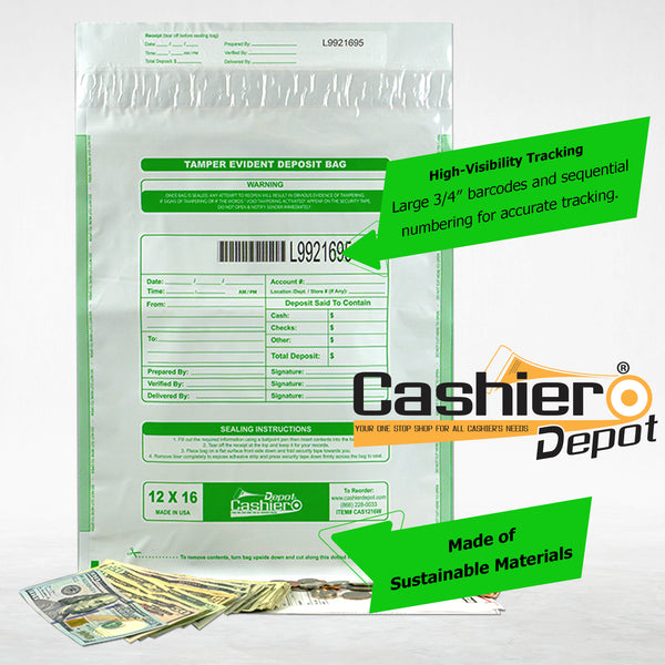 12" x 16" Opaque White Tamper Evident Deposit Bags – Perforated Tear-Off Receipt, Detailed Printed Form, Serialized Numbering, Barcode, Press & Seal VOID Closure Tape (CAS1216W)