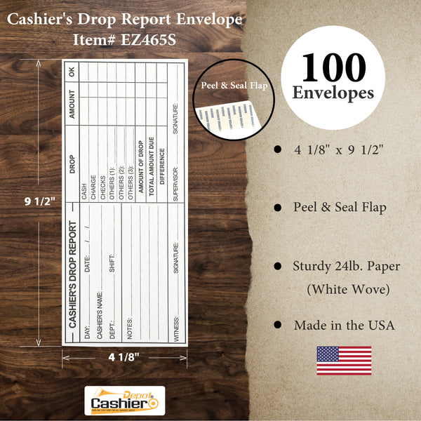Cashier Depot EZ465S Cashier's Drop Report Envelope, 4 1/8" x 9 1/2", Sturdy 24lb White, Peel & Seal Flap (EZ465S)