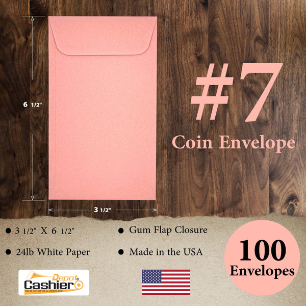 #7 Coin Envelopes, 3.5" x 6.5", Sturdy 24 lb. Pastel Pink Paper, Gum Flap, for Cash, Receipts, Seeds & Small Parts (SY7P)