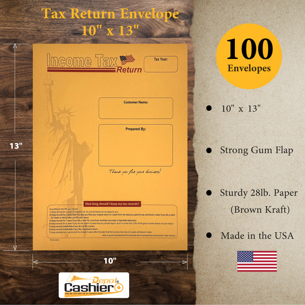 100 Income Tax Return Envelopes for Customers, 10" x 13", Heavy 28lb. Brown Kraft Paper, Lady Liberty (TR1013CK/L)