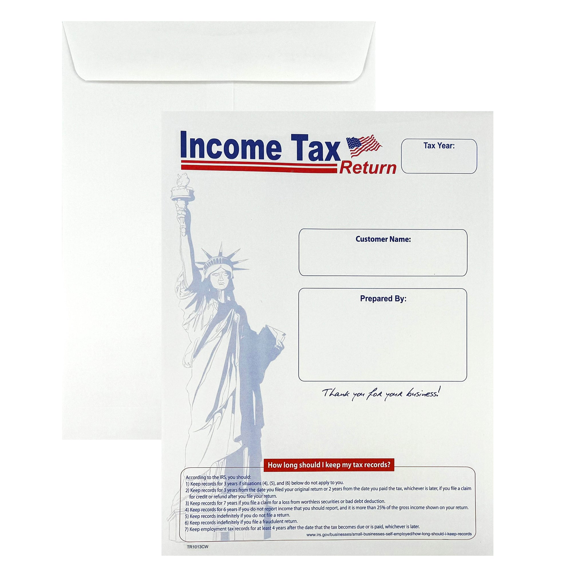 100 Income Tax Return Envelopes for Customers, 10" x 13", Heavy 28lb. White Paper, Lady Liberty (TR1013CW/L)