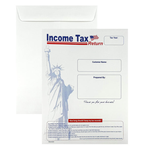 100 Income Tax Return Envelopes for Customers, 10" x 13", Heavy 28lb. White Paper, Lady Liberty (TR1013CW/L)