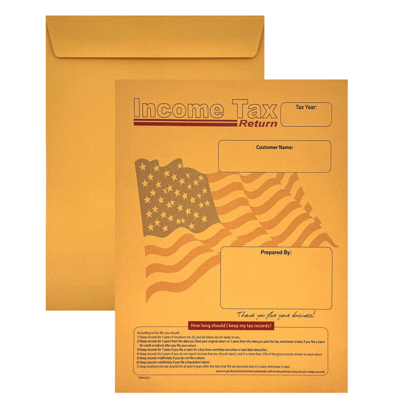 100 Income Tax Return Envelopes for Customers, 9" x 12", Heavy 28lb. Brown Kraft Paper, American Flag (TR912CK/F)