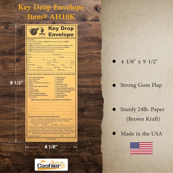 After Hours Night Key Drop Service Form Envelope, 4 1/8" x 9 1/2", Open End, Gum Flap, Sturdy 24lb brown Kraft (AH10K) - Cashier Depot