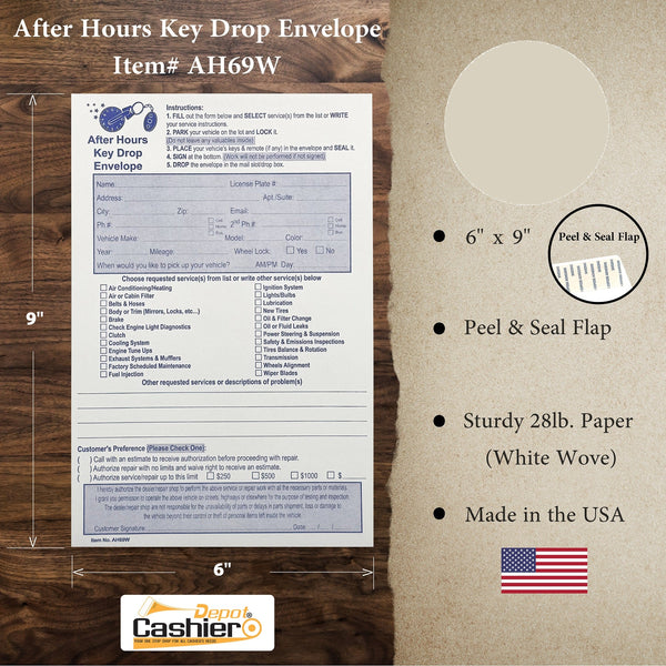 After Hours Night Key Drop Service Form Envelope, 6" x 9", Peel & Seal, Open End, Heavy 28lb. White (AH69W) - Cashier Depot
